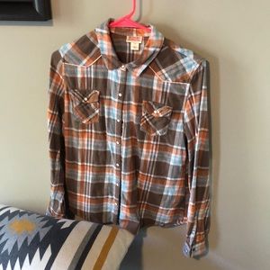 Western flannel with subltly pink silk trim and pearly buttons.